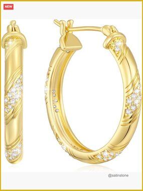 14K Gold Hoop Earrings Cubic Zirconia Pavé Hinged Hoop